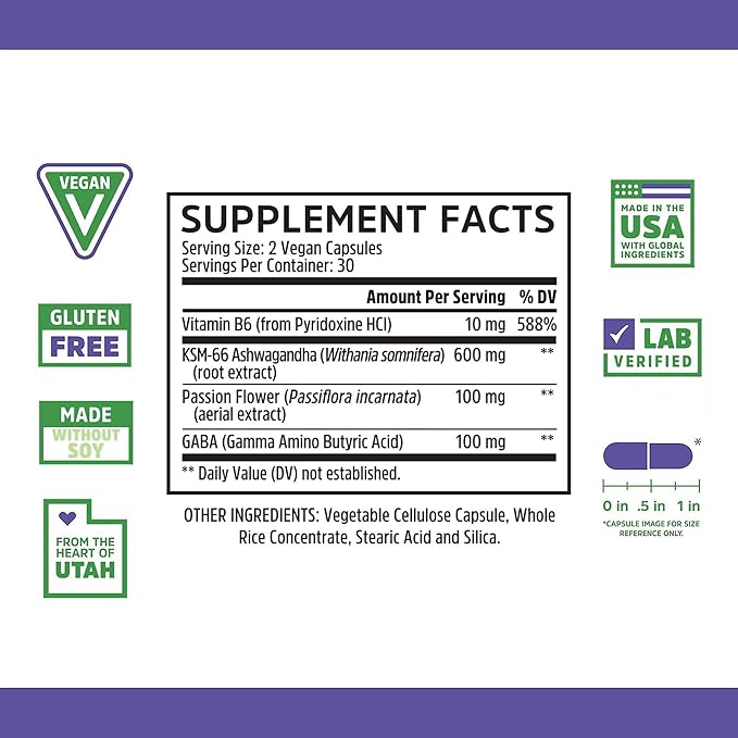 Zhou Calm Now - Calm Supplement, Calm Vitamins for Women & Men, Pills to Relax for Adults with GABA & Ashwagandha, Stress & Focus Support - 60 Veggie Capsules