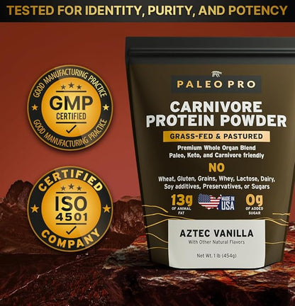 PaleoPro Carnivore Complete (Aztec Vanilla) Pastured & Cage-Free Protein, Grass-Fed Beef Tallow, Beef Organs | No Sugar, Soy, Grains or Net Carbs | Gluten Free. Paleo & Keto Macros (15 Servings)