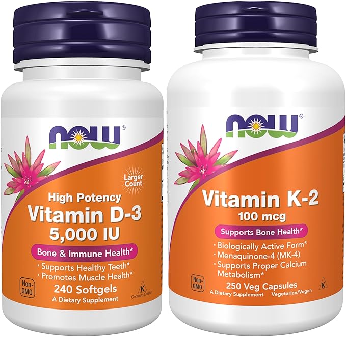 NOW Foods Supplements, Vitamin D-3 5,000 IU, High Potency, Structural Support*, 240 Softgels with Now Supplements, Vitamin K-2 100 mcg, Menaquinone-4 (MK-4), 250 Veg Capsules