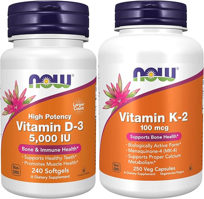 NOW Foods Supplements, Vitamin D-3 5,000 IU, High Potency, Structural Support*, 240 Softgels with Now Supplements, Vitamin K-2 100 mcg, Menaquinone-4 (MK-4), 250 Veg Capsules