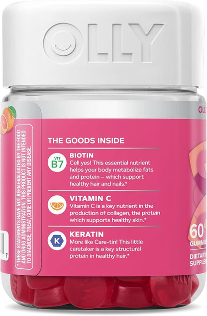 OLLY Undeniable Beauty Gummy, For Hair, Skin, Nails, Biotin, Vitamin C, Keratin, Chewable Supplement, Grapefruit, 30 Day Supply - 60 Count