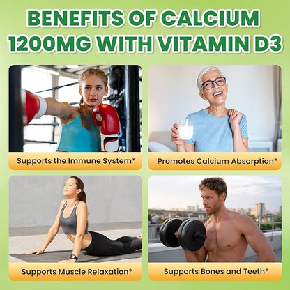 Calcium Citrate Gummies - 1200mg Calcium Gummies Supplements for Women & Men with Vitamin D3, K2, Magnesium, Zinc High Absorption for Bone, Muscle & Immune Support, Apple & Kiwi Flavor, 120 Count