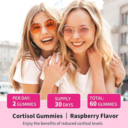 Cortisol Supplements Gummies for Women Sugar-Free Cortisol Gummies with Magnesium Glycinate Ashwagandha Rhodiola Rose Support Relaxation & Focus, Raspberry Flavor, 120 Count