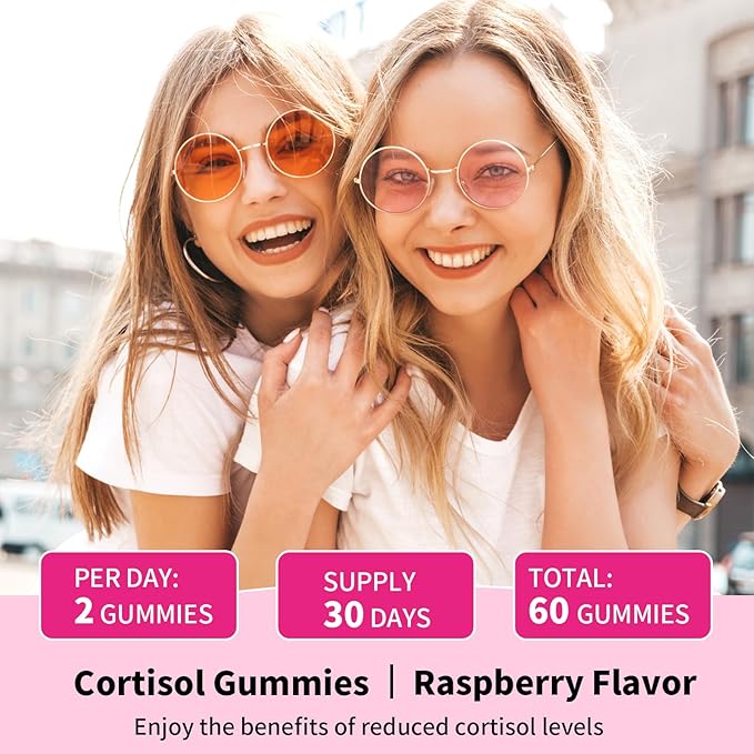 Cortisol Supplements Gummies for Women Sugar-Free Cortisol Gummies with Magnesium Glycinate Ashwagandha Rhodiola Rose Support Relaxation & Focus, Raspberry Flavor, 60 Count