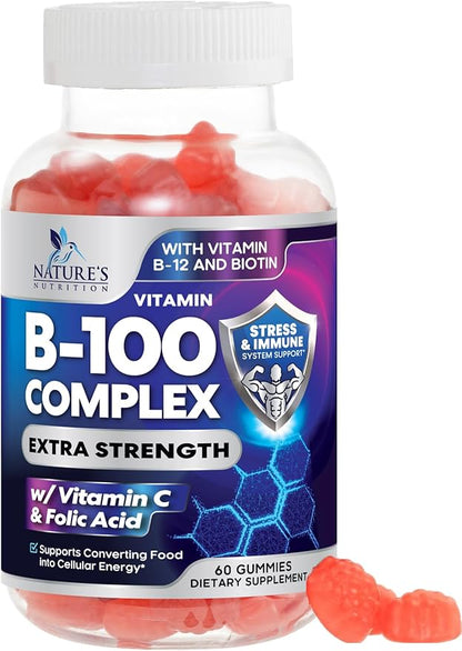 Vitamin B Complex Gummies - Extra Strength Super B Vitamin Gummy with Vitamin C For Immune Support - Energy Support Supplements with Folic Acid, Niacin, B6, B12 & Biotin for Men & Women - 60 Gummies
