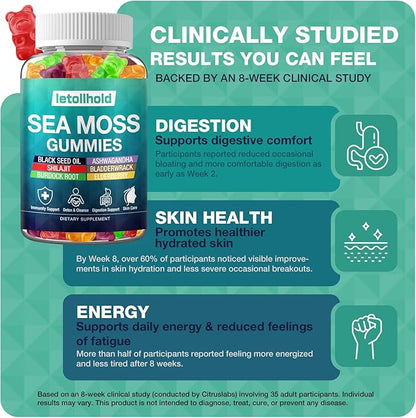 Sea Moss Gummies - Irish Sea Moss Gummies Advanced for Adults with Ashwagandha Bladderwrack & Burdock Root for Supports Immune，Energy - 60 Vegan Gummy,2PCS