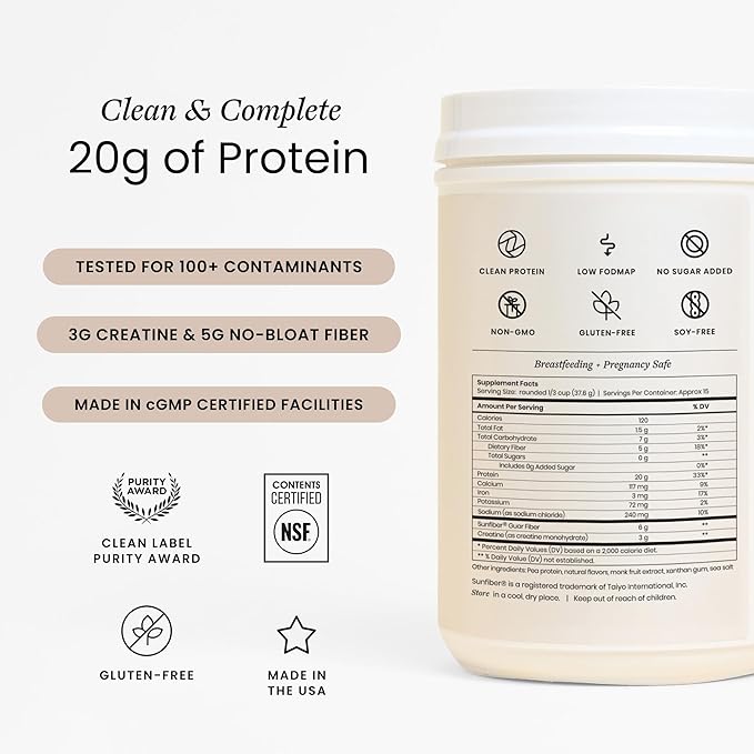 Perelel Triple-Support Plant Based Protein Powder, Creamy Vanilla, 20g Vegan Protein Powder, 3g Creatine Monohydrate, & 5g Prebiotic Fiber per Serving, Dairy Free, No Sugar Added, 15 Day Supply