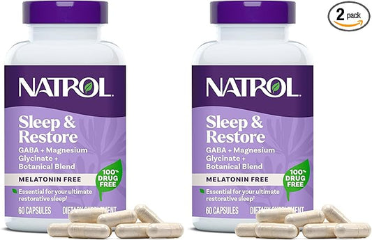 Natrol Sleep & Restore Capsules with Magnesium Glycinate 100mg,GABA,Essential for Your Ultimate Restorative Sleep,Melatonin-Free,30 Day Supply,(Pack of 2)