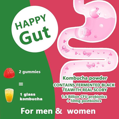 Probiotic Kombucha Gummy - Prebiotics, Probiotics, Postbiotics, Fiber Supplement, Slippery Elm for Bloating, Gut Health, Women and Men, 60ct