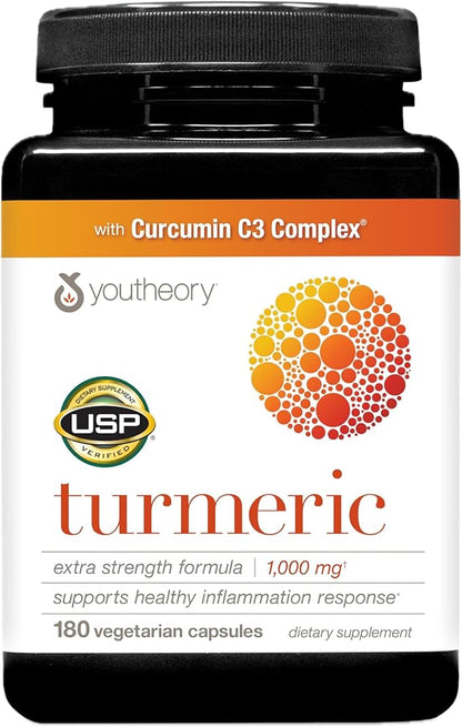 Youtheory Turmeric Extra Strength - 1,000 mg - Supports Muscle & Joint Health* - Contains Bioenhancers, Curcuminoids & Herbal Extracts - USP Verified - 180 Vegetarian Capsules (90-Day Supply)