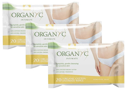 Organyc - 100% Organic Cotton Intimate Wet Wipes, No Parabens, Alcohol, or Chlorine -, White, 20 Count (Pack of 3) (ORGWW1A)