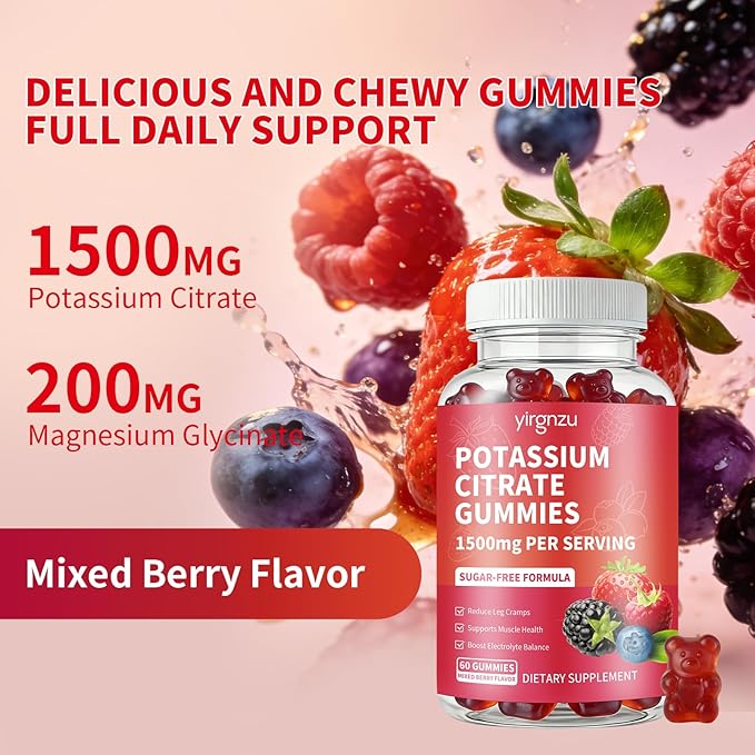 Potassium Citrate Gummies 1500mg, Potassium Supplement for Women & Men, Support Leg Cramps & Muscle Health, Vegan, Mixed Berry Flavor 120 Count