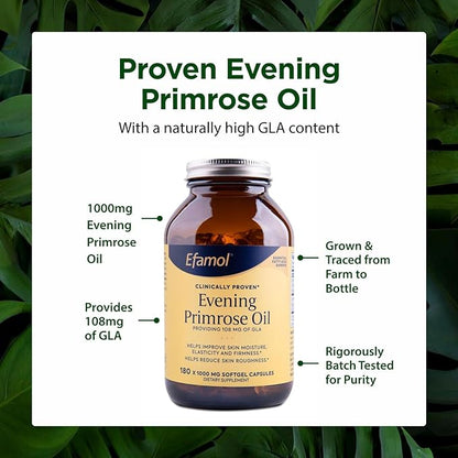 Efamol Pure Evening Primrose Oil - Natural Skin Supplement - Aids with Skin Firmness, Hydration, Wrinkles & Smoothness - with Omega-6 GLA - 180 Softgels