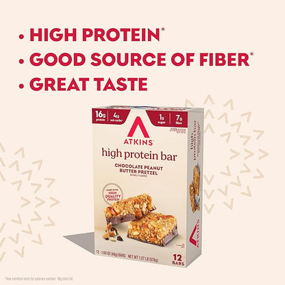 Atkins Chocolate Peanut Butter Pretzel High Protein Bar, High Fiber, 16g Protein, 1g Sugar, 4g Net Carbs, Keto Friendly, 12 Count