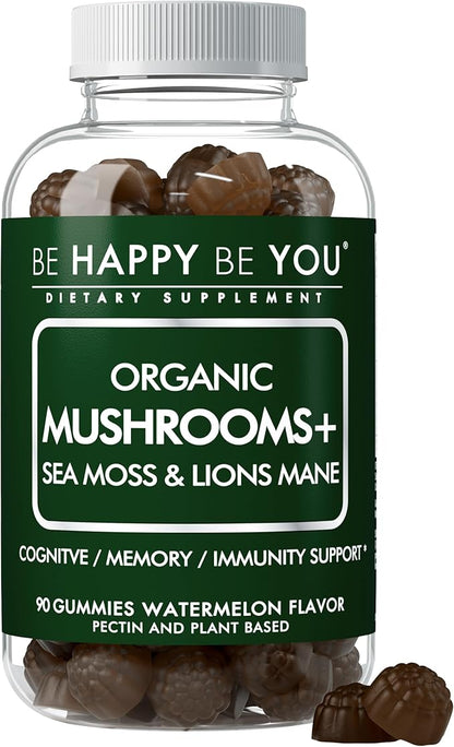 Organic Mushroom Sea Moss Gummies – Lion’s Mane, Reishi, Chaga, Cordyceps, Coriolus & Irish Moss – Cognitive & Immune Support – Vegan, Gelatin-Free, Pectin-Based – Watermelon – 90 Ct
