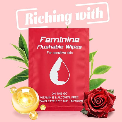Feminine Wipes Individually Wrapped, Flushable Wipes Travel,Travel Wipes for Women,Feminine Care Wet Wipes Travel Size Vaginal Wipes for Adult, Girl and Homeless 50