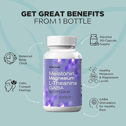 Magnesium Glycinate 275mg Melatonin 5mg L-Theanine 200mg GABA 100mg Capsules - Full Rest Nighttime Bedtime Support Supplement for Men Women - Vegan Sugar-Free Gluten-Free