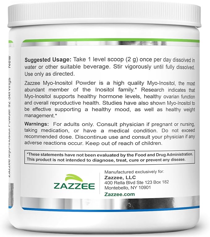 Zazzee Myo-Inositol Powder, 3 Month Supply, 92 Servings, 2000 mg per Serving, Free Scoop for Exact Dosage, 6.49 Ounces, Certified Kosher, 100% Pure, Fertility & Reproductive Support, Made in the USA
