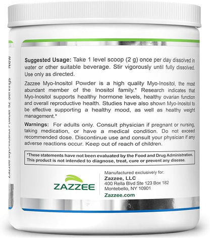 Zazzee Myo-Inositol Powder, 3 Month Supply, 92 Servings, 2000 mg per Serving, Free Scoop for Exact Dosage, 6.49 Ounces, Certified Kosher, 100% Pure, Fertility & Reproductive Support, Made in the USA