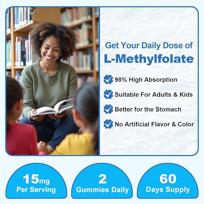 2 Pack L-Methylfolate 15mg Gummies with Methyl B12, Folate 5-MTHF Supplement for Mood, Brain Health, Cognition & Immunity, Sugar Free, Vegan, Non-GMO, 120 Count