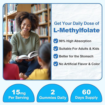 2 Pack L-Methylfolate 15mg Gummies with Methyl B12, Folate 5-MTHF Supplement for Mood, Brain Health, Cognition & Immunity, Sugar Free, Vegan, Non-GMO, 120 Count