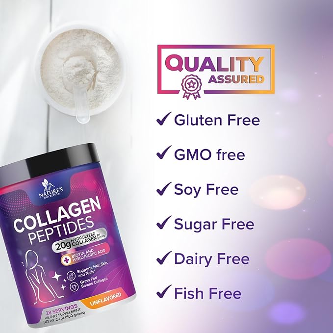 Collagen Peptides Powder - Hydrolyzed Type 1 & 3 Collagen Peptides 20g per Serving with Hyaluronic Acid & Biotin - Vital Nail, Skin & Joint Support - No Sugar, Unflavored, Bottled in USA - 28 Servings