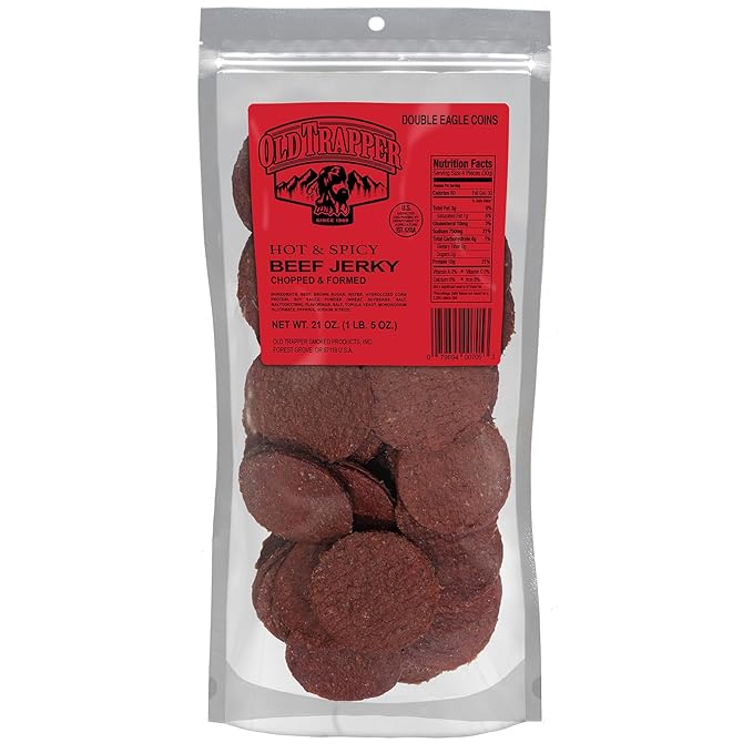 Old Trapper Double Eagle Beef Jerky, Hot & Spicy Flavor, 21 Ounce Package, Natural Wood Smoked Meat Snacks, 10 Grams of Protein and 80 Calories per Serving (Pack of One)