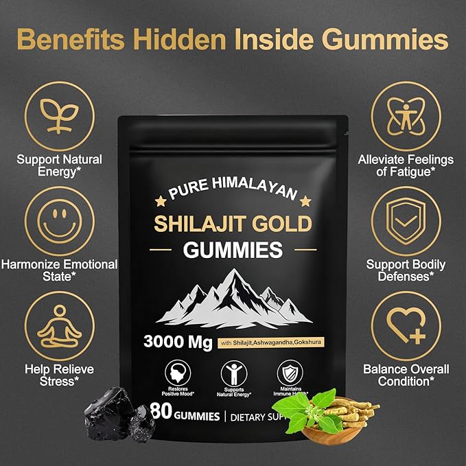 Shilajit Gummies for Men & Women, Rich in Ashwagandha & Gokshura, Fulvic Acid & 85+ Trace Minerals Micronutrient Supplement for Energy & Wellness, 100% Pure Organic Natural - 80 Gummies