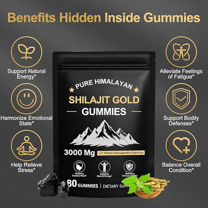 Shilajit Gummies for Men & Women, Rich in Ashwagandha & Gokshura, Fulvic Acid & 85+ Trace Minerals Micronutrient Supplement for Energy & Wellness, 100% Pure Organic Natural - 80 Gummies