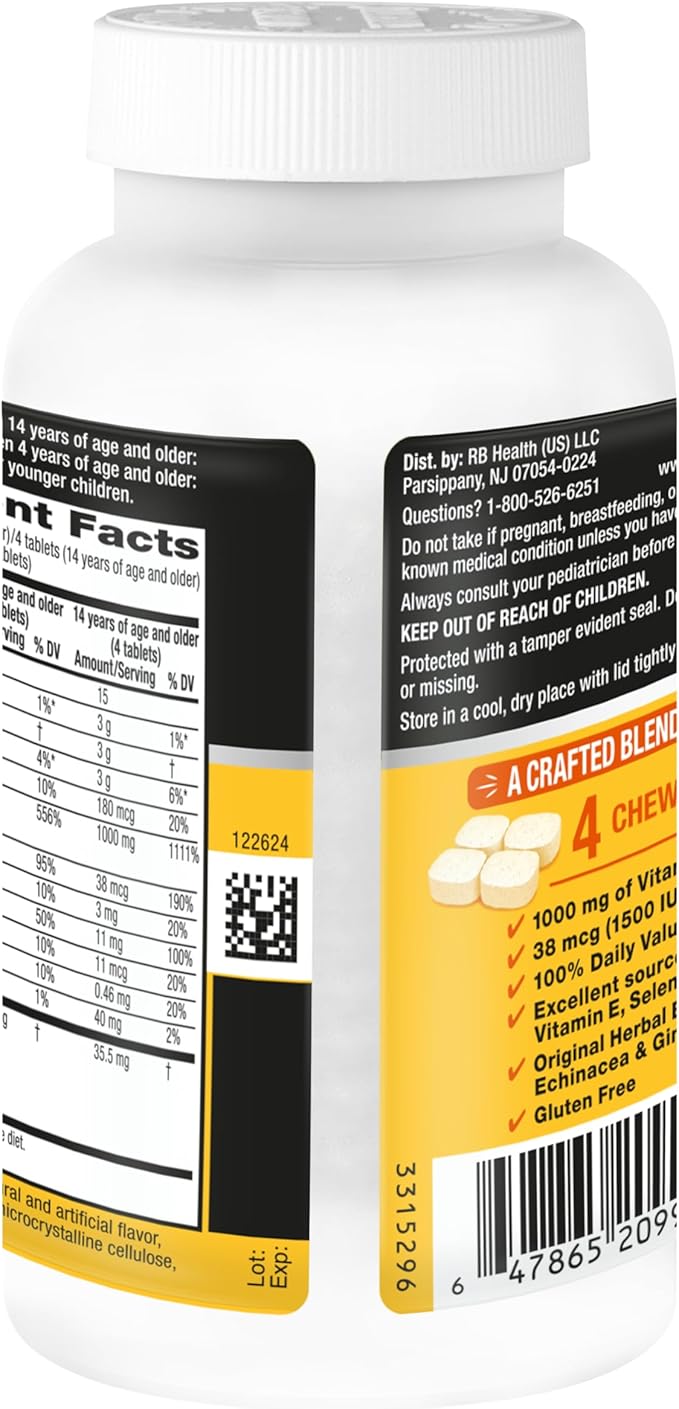 Airborne Vitamin C 1000mg (per Serving) - Citrus Chewable Tablets (116 Count in a Bottle), Gluten-Free Immune Support Supplement, with Vitamins A C E, Zinc, Selenium, Echinacea, Ginger, Antioxidants