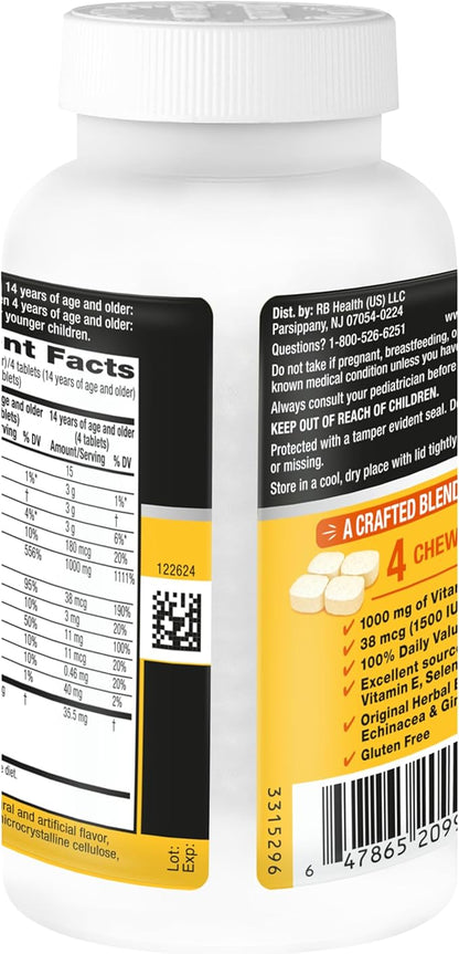 Airborne Vitamin C 1000mg (per Serving) - Citrus Chewable Tablets (116 Count in a Bottle), Gluten-Free Immune Support Supplement, with Vitamins A C E, Zinc, Selenium, Echinacea, Ginger, Antioxidants