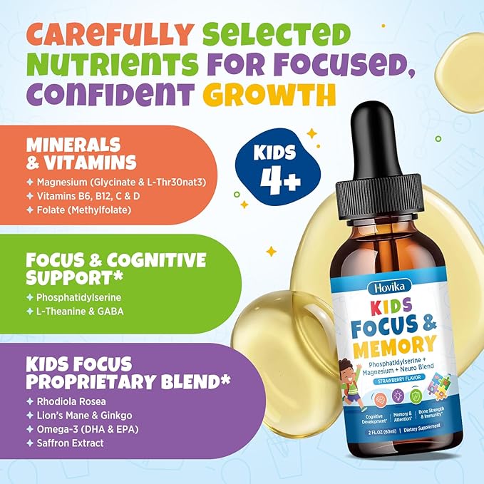 Kids Focus and Attention Supplements with Phosphatidylserine, L-Theanine, Omega-3 & Magnesium Glycinate - Kids Brain Vitamins Liquid Drops - Supports Concentration, Memory, Sleep & Mood, Strawberry