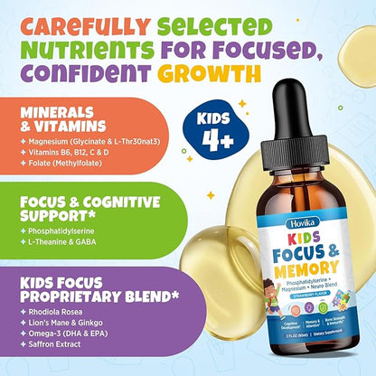 Kids Focus and Attention Supplements with Phosphatidylserine, L-Theanine, Omega-3 & Magnesium Glycinate - Kids Brain Vitamins Liquid Drops - Supports Concentration, Memory, Sleep & Mood, Strawberry