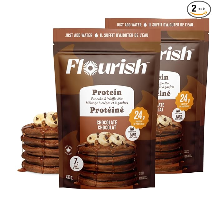 Flourish Protein Pancake & Waffle Mix, with Whey Protein & Flax Seed, No Added Sugar, High in Protein & Fiber - Just Add Water - Chocolate Flavour, 16oz (2 Pack)