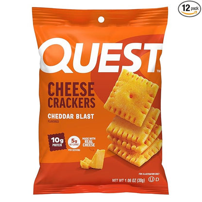 Quest Nutrition Cheese Crackers, Cheddar Blast, 10g Protein, 5g Net Carbs, 1g Sugar, Made with Real Cheese, High Protein Snack, 12 Packs (1.06 oz Bags)