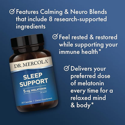 Dr. Mercola Sleep Support with Melatonin - Supports Restful Sleep & Relaxation - Melatonin with L-Theanine, 5-HTP, GABA & Chamomile - 30 Capsules - 5 mg