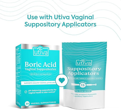 Szio+ Utiva Boric Acid Suppositories for Women - pH Balance - Feminine Care - 600mg Boric Acid to Lower pH and Support Vaginal Health, BV Treatment for Women, 30 Vaginal Suppositories