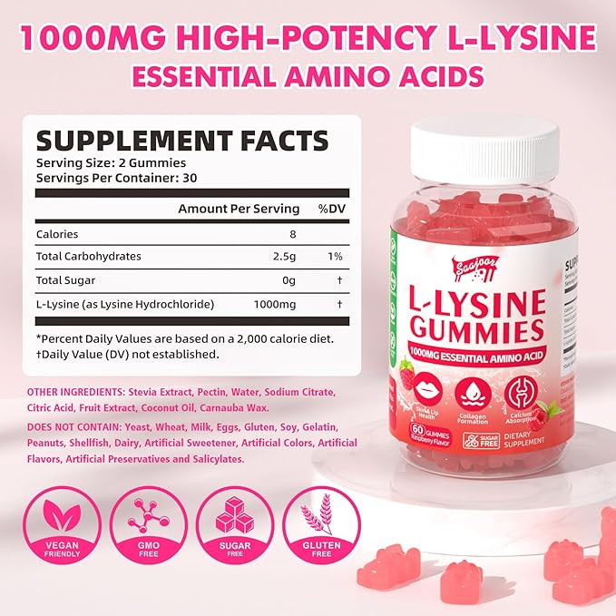 L-Lysine 1000mg Gummies for Immune Support & Skin Health - Vegan, Gluten Free Amino Acid Supplement for Adults, Raspberry Flavor, 60 Gummies
