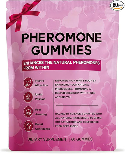 Pheromone Gummies for Women with Slippery Elm – Enhance Confidence & Attraction – Hormone Balance & Body Odor Support, Non-GMO, Gluten-Free, Vegan, Strawberry Flavor, 60 Gummies