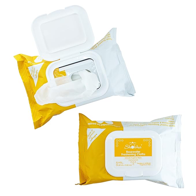 Shobha Rosewater Freshening Cloths – Cleansing Face & Body Wipes – Intimate Hygiene Wipes Ideal Before & After Hair Removal – Suitable for Sensitive Facial Skin & Bikini Area, 30 Count