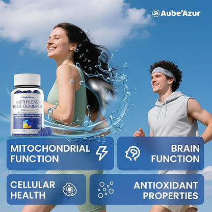 Aube'Azur Methylene Blue Gummies for Humans, 14mg Methylene Blue Supplement with L-Theanine, NAC, Nicotinamide & CoQ10 for Men Women, Fast-Absorbing, Vegan, Sugar-Free, Blueberry Flavor, 60 Count