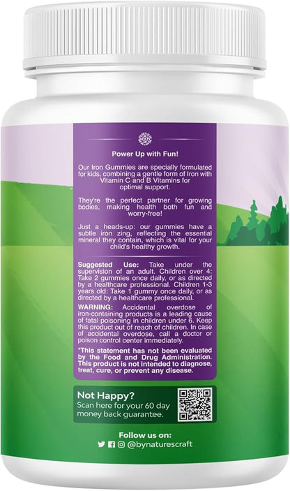 Kids Iron Gummies - Blood Builder Iron Supplements for Kids with Gentle for Stronger Immunity & Energy - Vitamin B12, Folate & Vitamin C Gummies - Vegan GMO & Gluten Free for Toddlers - 60 Count