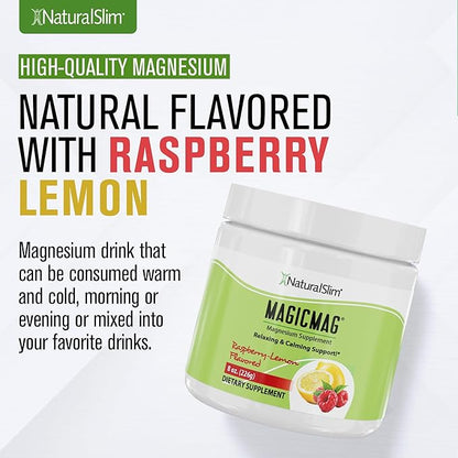 NaturalSlim Magicmag Pure Magnesium Citrate Powder Stress, Constipation, Muscle, Heart Health, and Sleep Support | Raspberry Lemon Magnesium Supplement - 8oz Drink Mix (3 Pack)