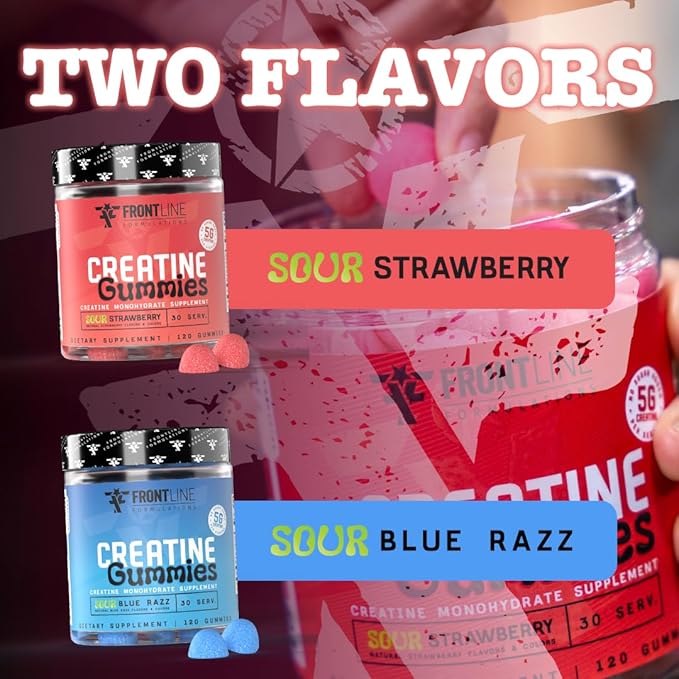 Creatine Monohydrate Gummies, 5g Creatine per Serving, Sugar-Free Creatine Supplement for Strength, Lean Muscle & Cognitive Support, Sour Blue Razz, 120 Gummies