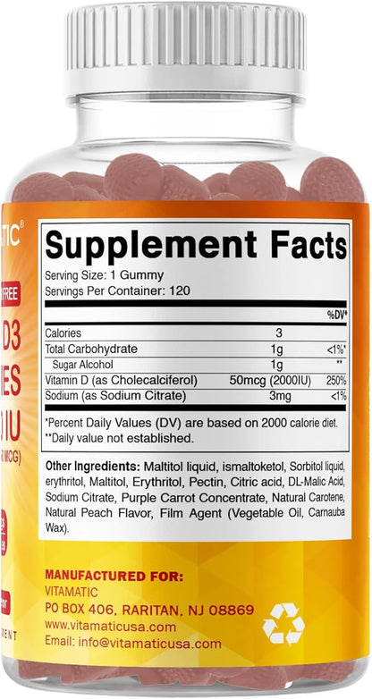 Vitamatic Sugar Free Vitamin D3 2000 IU - 120 Pectin Based Gummies - Great Taste - Healthy Bones, Mood & Immune System Function - Non-GMO - 120 Servings