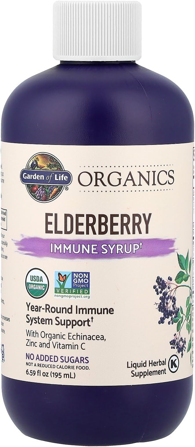 Garden of Life Organics Plant Based Elderberry Immune Syrup 6.59 floz (195 mL) for Kids & Adults - Sambucus, Echinacea, Zinc & Vitamin C, 0g Sugar, Organic Vegan Gluten Free Herbal Supplement