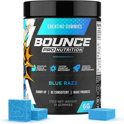 Bounce Pro Creatine Monohydrate Gummies for Men & Women, Low Calorie, 6G of Creatine per Serving, Vegan, Anti-Melting, Gluten-Free, Non-GMO, 2g of Creatine per Gummy (51ct, Blue Razz)