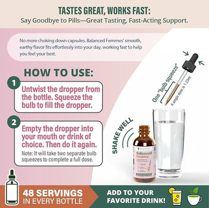 Rejuvica Health Balanced Femme - Menopause Support for Hot Flashes & Female Balance - Liquid Delivery for Better Absorption - Black Cohosh, Dong Quai, Vitex, Maca Root & More!
