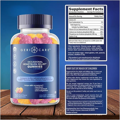 GeriCare Antacid with Vitamin D Gummies, Compare to TUMS Gummy Bites, Fruit Flavor, 50 Count, Non-GMO, Gluten-Free, Vegan, Naturally Sourced for Heartburn, Upset Stomach & Acid Indigestion (1 Pack)