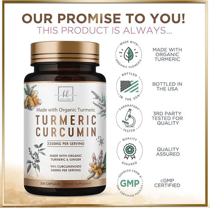 Turmeric Curcumin Supplement with 95% Curcuminoids, Organic Turmeric & Ginger 1750mg, BioPerine Black Pepper for Best Absorption, Nature's Vegan Joint Support, Non-GMO, Bottled in USA - 240 Capsules